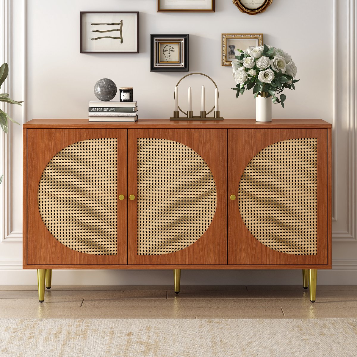 Sweiko Kast met 3 rotan decoratieve deuren, vijf emmerkast met metalen handvatten, geschikt voor slaapkamers, woonkamer, kantoren, walnoothout 129.8x40x76cm
