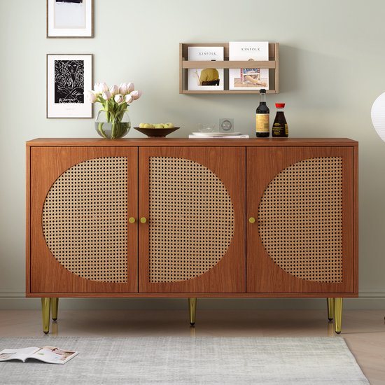 Sweiko Kast met 3 rotan decoratieve deuren, vijf emmerkast met metalen handvatten, geschikt voor slaapkamers, woonkamer, kantoren, walnoothout 129.8x40x76cm