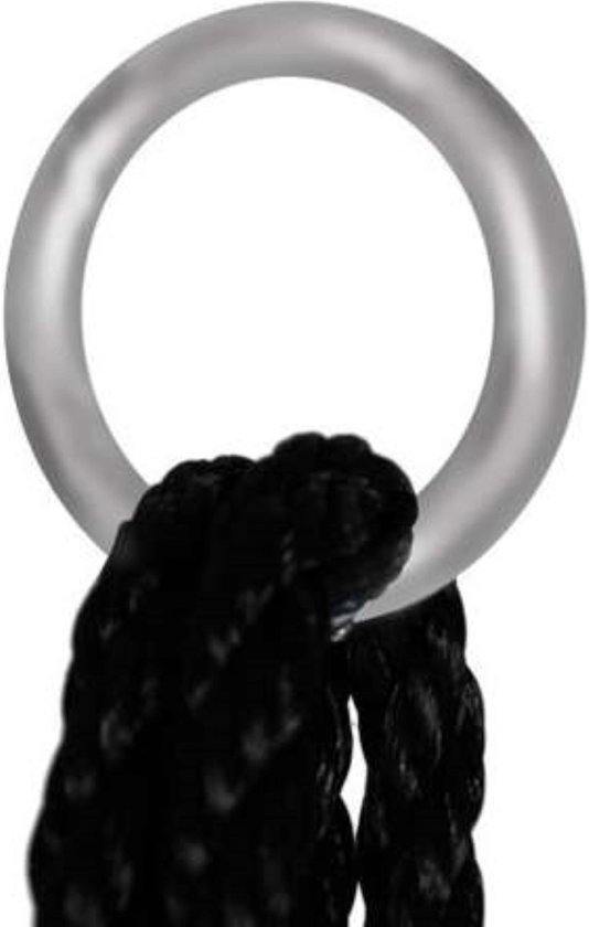 Zilverkleurige ring waar zwart gevlochten touw doorheen loopt.