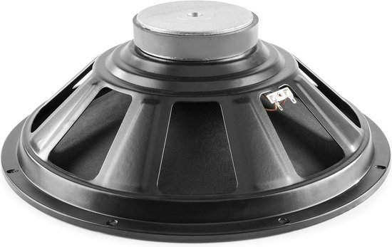 Zwarte luidsprekerchassis met een zilverkleurige magneet en aansluitklemmen.