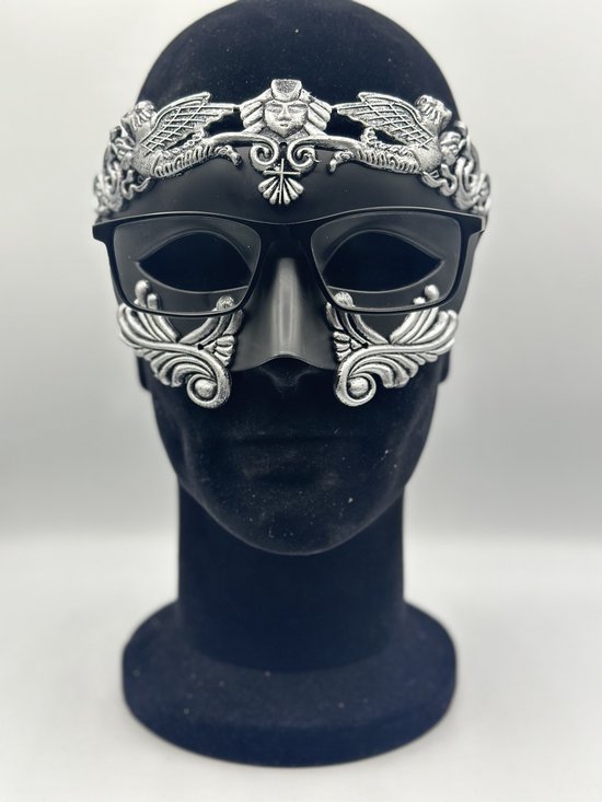 Masque vénitien pour hommes en noir avec argent - Masque de Fête pour hommes avec et sans lunettes - Masque pour porteurs de lunettes - Masque de Gala dans le style grec-romain