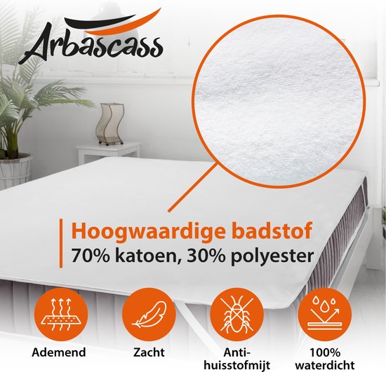 Matrasbeschermer 90x200 - Arbascass - Waterdichte Matrasbeschermer 90x200 cm - Katoenen Oppervlak - Ademend - Antibacteriëel - Incontinentie Matrasbeschermer - Met 4 Elastieken Banden - Wit