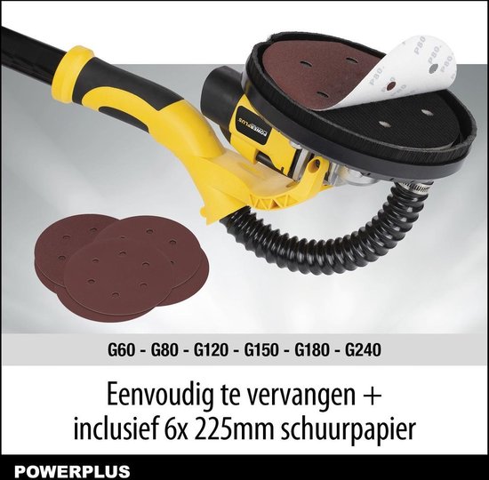 Gedetailleerde close-up van de kop van de gele en zwarte schuurmachine met schuurschijf en schuurpapier. Stapel schuurpapier ernaast. Tekst: Eenvoudig te vervangen + inclusief 6x 225mm schuurpapier.