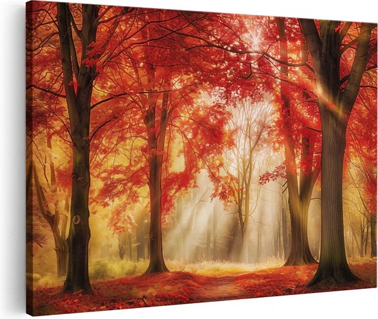 Artaza Canvas Schilderij Rood Herfstbos met Zonlicht dat door de Bomen Schijnt - 90x60 - Wanddecoratie - Foto Op Canvas - Canvas Print