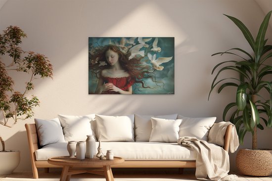 Artaza Peinture sur toile Fille avec une robe rouge et des colombes Witte - 120 x 80 - Groot - Photo sur toile - Impression sur toile