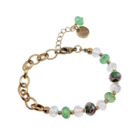 Armband Dames - Verguld RVS - Ovale Schakelarmband met Groene Kristallen en Murano Glaskralen - Verstelbaar