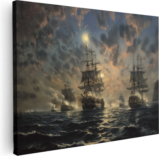 Artaza Canvas Schilderij Zeeslag Schepen - 120x90 cm - Groot - Wanddecoratie Zee - Muurdecoratie Zeilschepen - Decoratie Maanlicht