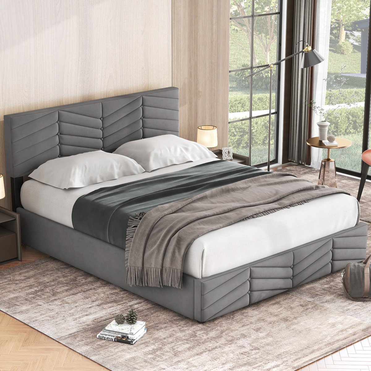 Sweiko Stoffering Bed, Dubbel Bed, Hydraulisch Functioneel Bed, Fluweel, Stripe Style, Continental Bed, Hoogte Verstelbaar Hoofdbord, 140 x 190, Grijs