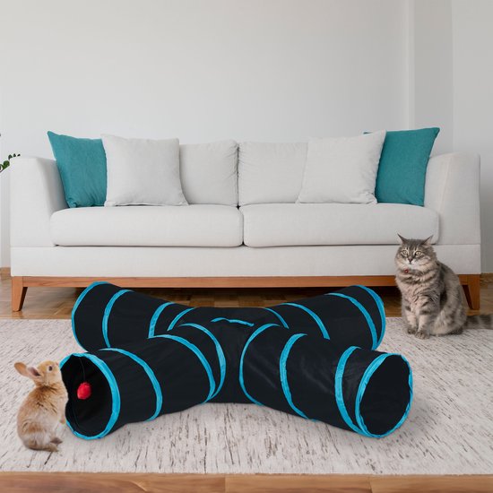 Relaxdays kattentunnel 4 gangen - opvouwbaar - speeltunnel katten - 130 cm lang - pop-up - Relaxdays