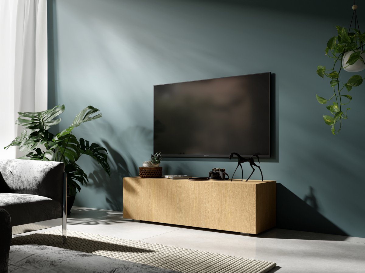 Mobistoxx Tv Meubel - Tv Kast - Eik - 105 cm - Klapdeur met 2 Vakken - Met Poten, Gasveren en Kabeldoorgangen - Tv Kast Hout - Televisiemeubel Kingston