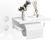 Toiletpapierhouder zonder boren: wc-papierhouder met legplank, roestvrij staal, toiletrolhouder: toiletpapier wandmontage zelfklevende houder met 2 handdoekhaken voor badkamer en keuken wit