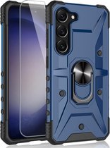 Casemania Hoesje Geschikt voor Samsung Galaxy A15 - Blauw & Glazen Screenprotector - Armor Back Cover met Kickstand