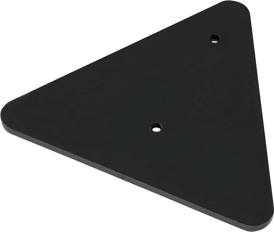Zwarte driehoekige achterplaat met twee bevestigingsgaten, afmetingen 136 x 152 mm.