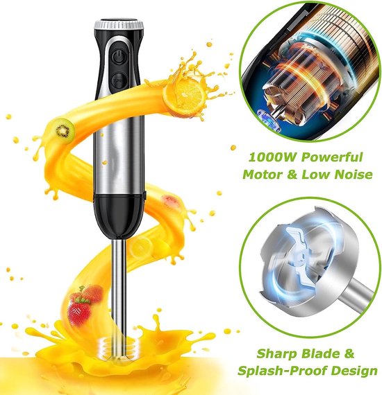 Professionele 4-In-1 Staafmixer Elektrisch - 1000W - Traploze Snelheden - Roestvrij Staal - Inclusief Garde, 500ml Hakbeker En 700ml Maatbeker - Ideaal Voor Babyvoeding En Meer - Zwart — afbeelding 5
