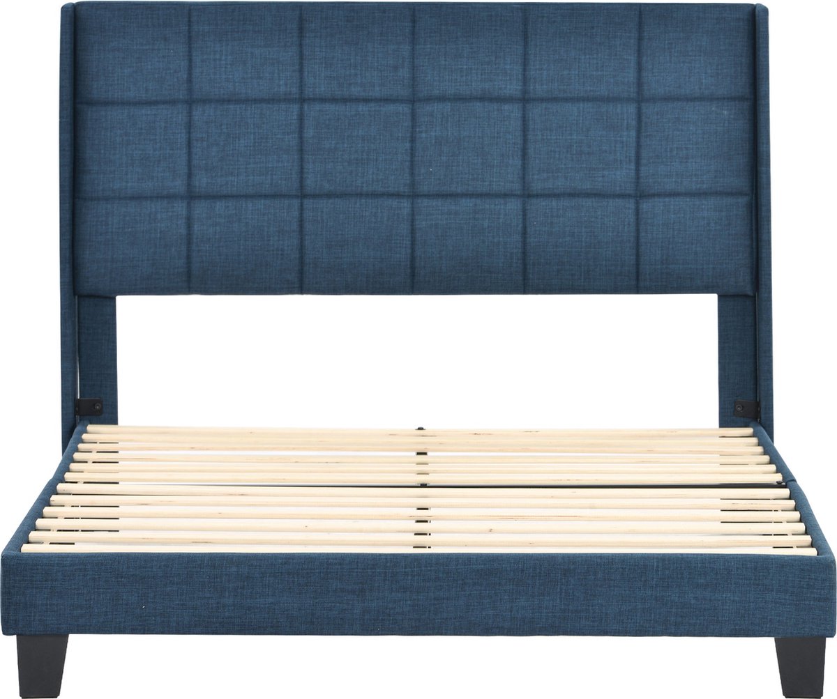 Merax Gestoffeerd Bed 140x200 cm - Bed met Lattenbodem en Rugleuning - Blauw Linnen - Geen Boxspring Vereist