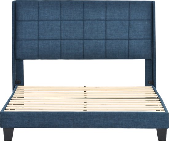 Merax Modern Tweepersoonsbed 140x200 cm - Bed met Gestoffeerd Hoofdbord - Blauw Linnen Stof