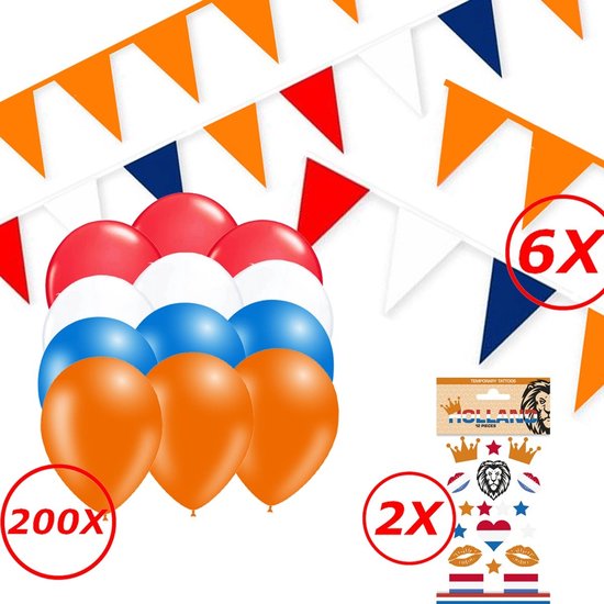 Feestpakket met 200 ballonnen in rood, wit, blauw en oranje, en 6 meter oranje/wit/donkerblauwe vlaggetjes. Inclusief 2 vellen tijdelijke tatoeages met Nederlandse symbolen.
