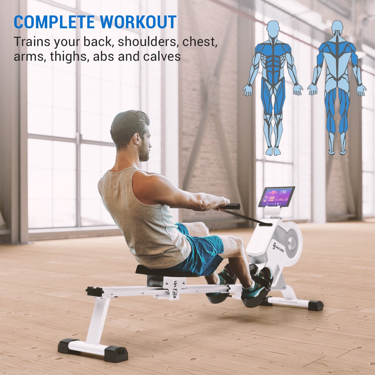 Afbeelding 2 van Capital Sports Stream M1 Magnetische Roeitrainer - Roeimachine - 8 Standen - Magneetweerstand - Tablethouder - Trainingscomputer Met LCD-Display - Aluminium - Wit