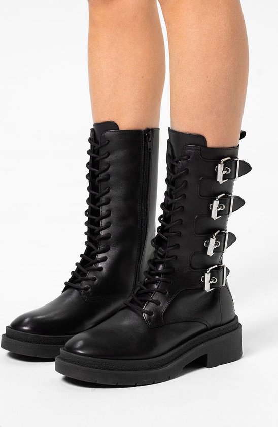 Sacha - Femme - Boots à lacets en cuir Zwart multi boucles - Taille 42