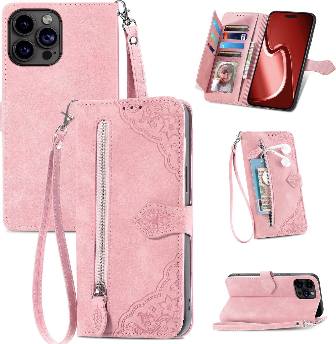 Hoesje geschikt voor Samsung Galaxy S23 Ultra - Bookcase - Koord - Pasjeshouder - Portemonnee - Bloemenpatroon - Kunstleer - Roze