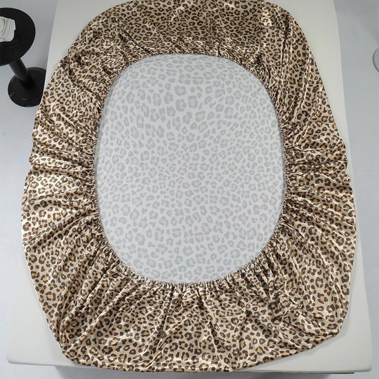 Damier Satijnen hoeslaken, 160 x 200 cm, goud, luipaardpatroon, zijdeglans, hoogwaardig satijn, geschikt voor matrassen tot 25 cm hoog