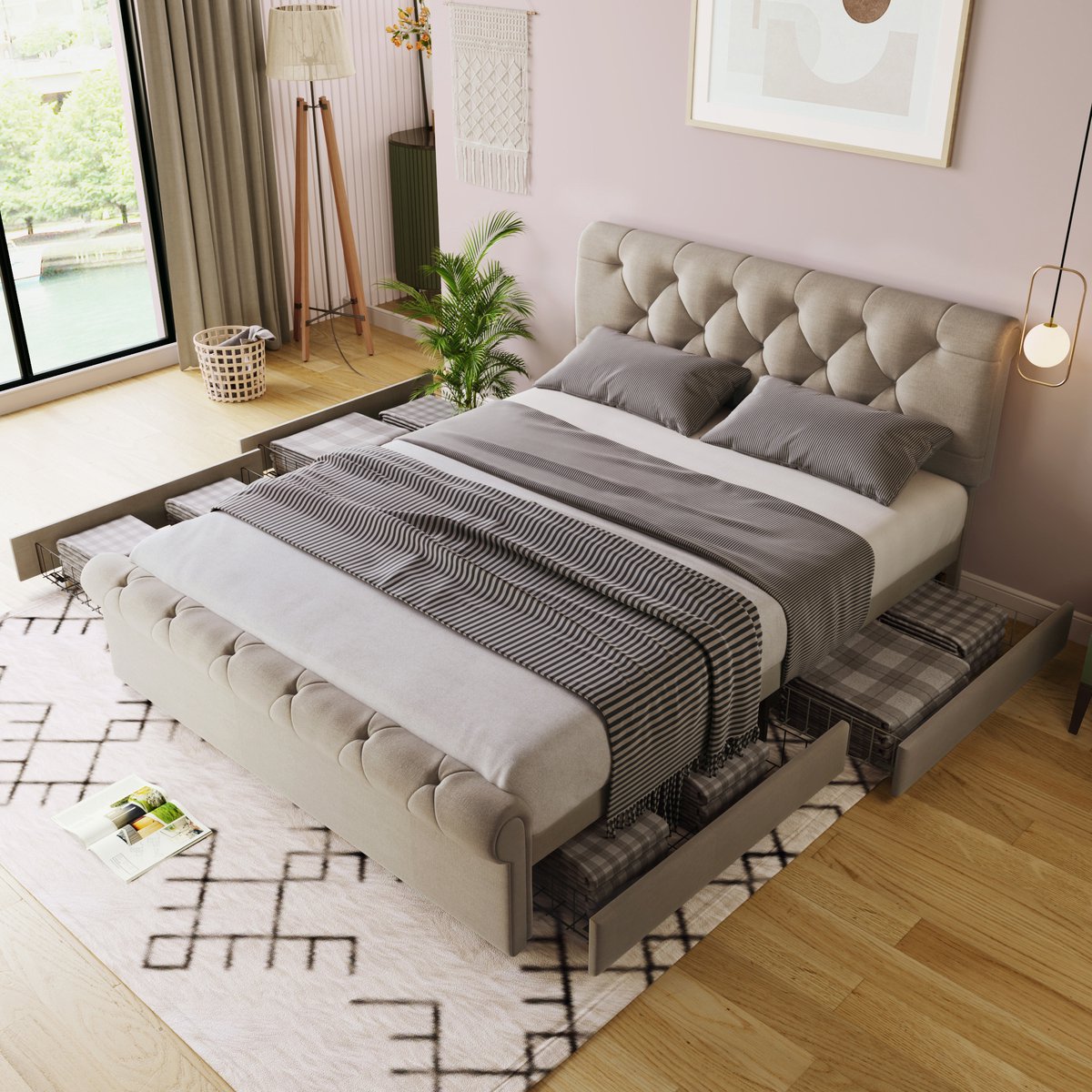 Sweiko Gestoffeerd Bed met 4-laden, Eenpersoonsbed bed 140x200cm, in hoogte verstelbaar hoofdeinde, Chesterfield functioneel bed, Beige, zonder matras