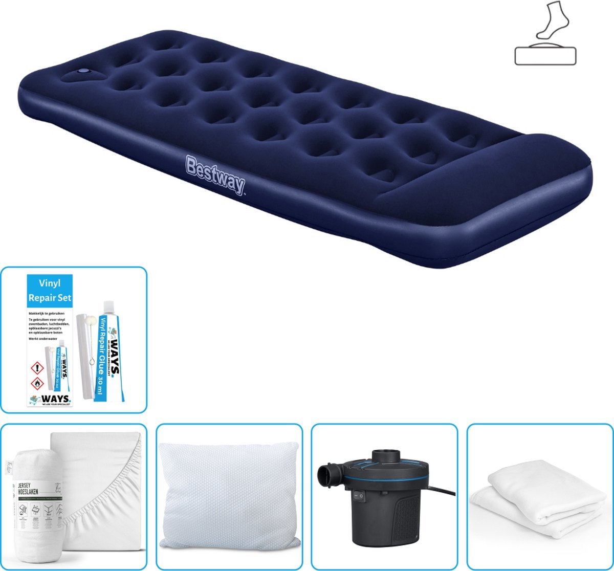 Bestway luchtbed - 1-Persoons - 76 x 185 x 28 cm - Blauw - Inclusief pomp - Hoeslaken - Kussen - Kussenbeschermer - Pomp en Reparatieset
