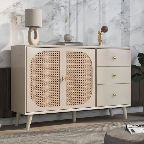Sweiko Woonkamer ladekast, opbergkast, zijpaneel, TV tafel, met deuren en lades, met grote opbergruimte, beige, breedte 120 cm