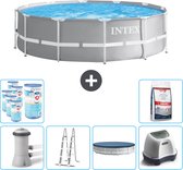 Piscine Intex Round Prism Frame - 366 x 99 cm - Grijs - Pompe incluse - Couverture Ladder - Système d'eau salée - Filtres - Zwembadzout