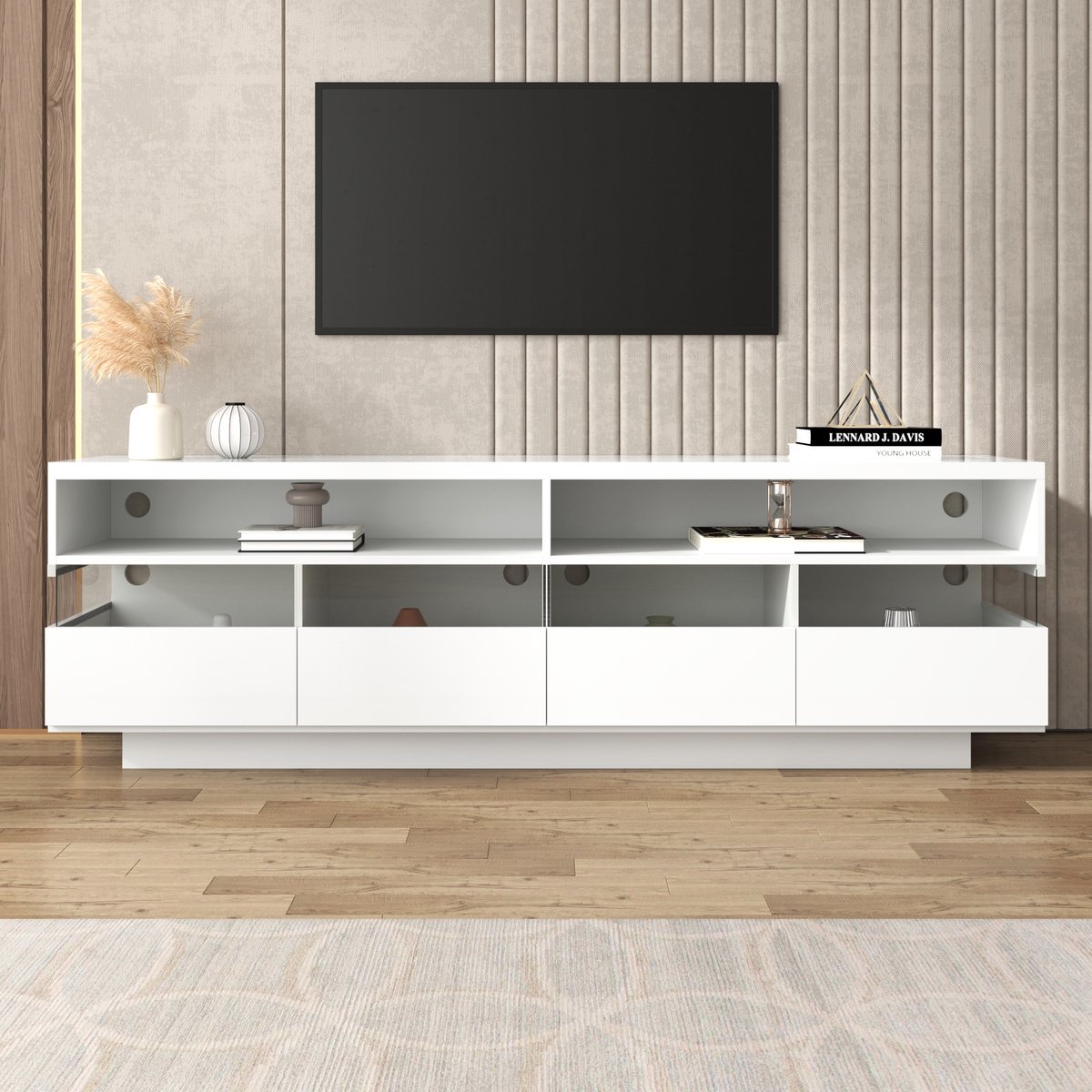 Meuble TV Bas Avec Éclairage LED Sweiko | Design Moderne Blanc/Béton, 200x35x60 Cm | 4 Tiroirs Push-to-Open