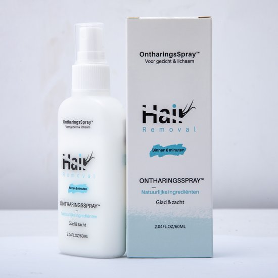 Witte sprayflacon en doos met 'Hair Removal' logo. Tekst: 'Binnen 8 minuten', 'Natuurlijke ingrediënten', 'Glad & zacht'.