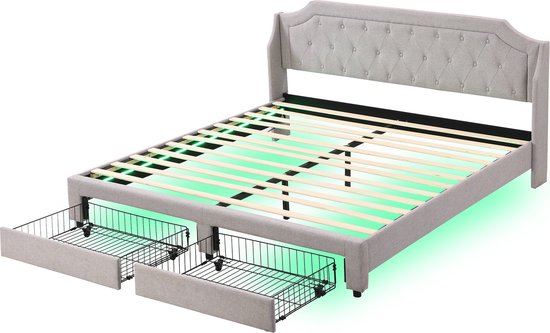 Merax Gestoffeerd Kingsize Bed met LED Verlichting - 180x200 cm Tweepersoonsbed met 2 Lades - Grijs