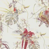 Vogels behang Profhome 387251-GU vliesbehang hardvinyl warmdruk in reliëf glad met Toile de Jouy patroon mat crème rood bleekgroen geeloranje 5,33 m2