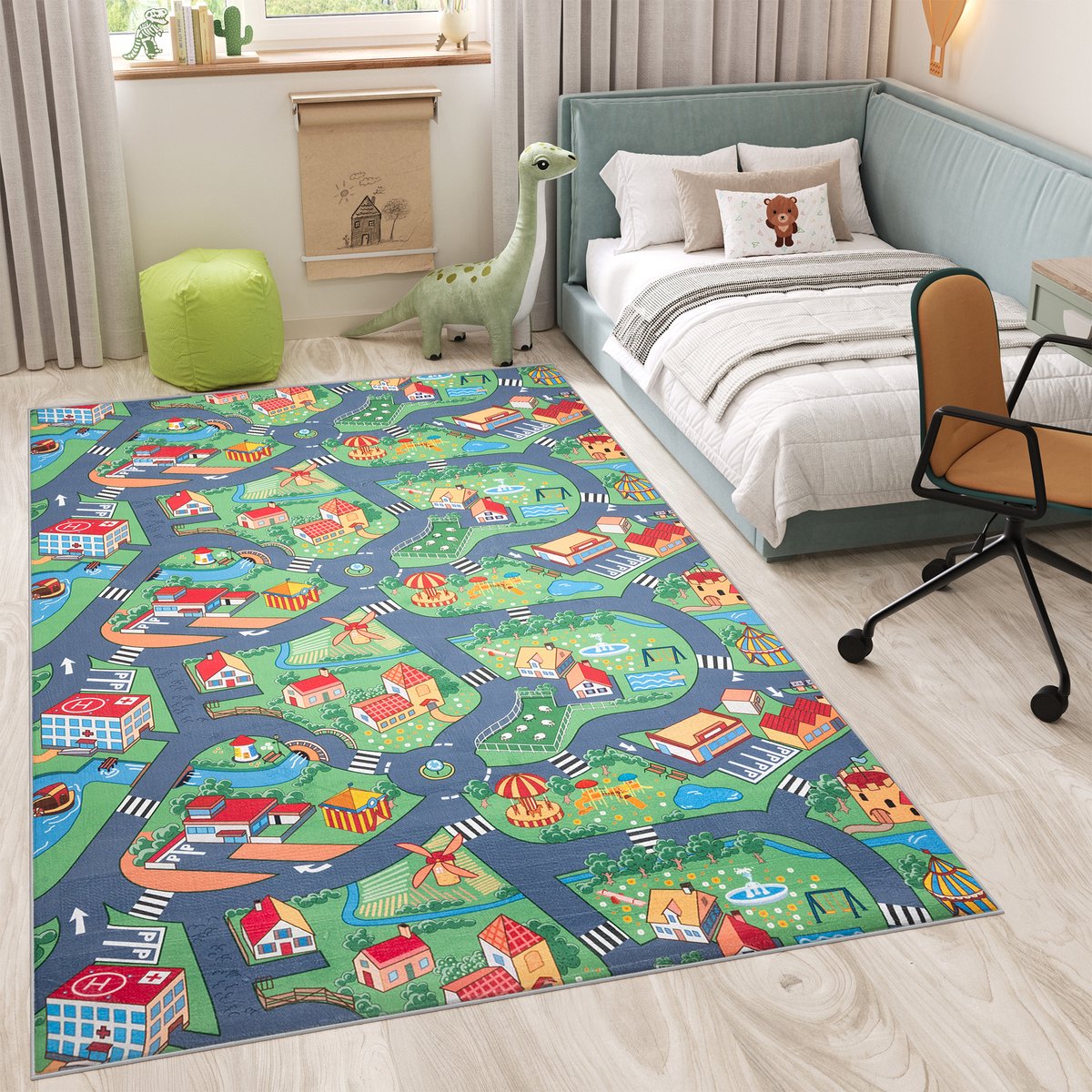 Tapiso Flannel Printed Kindertapijt Antislip Stad Kinderkamer Vloerkleed Maat- 120x170