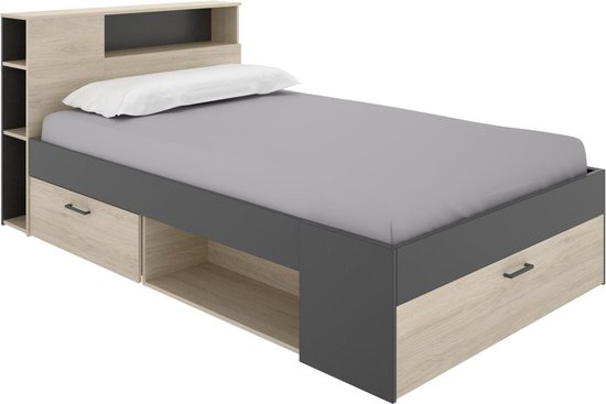 Bed met hoofdeinde met opbergruimte en lades - 120 x 190cm - Kleur: naturel en antraciet - LEANDRE L 217.3 cm x H 95 cm x D 129.6 cm