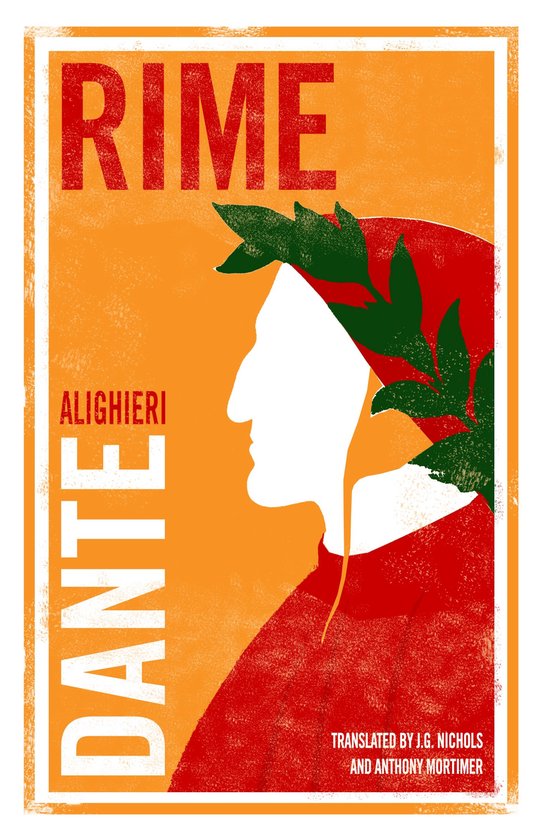 Boek met de titel 'Rime' van Dante Alighieri, met een afbeelding van zijn profiel en een lauwerkrans.