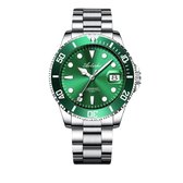 - Luxe Herenhorloge - Mannen - Zilveren Polsband - Groen en Zilver - Luxe Doos -