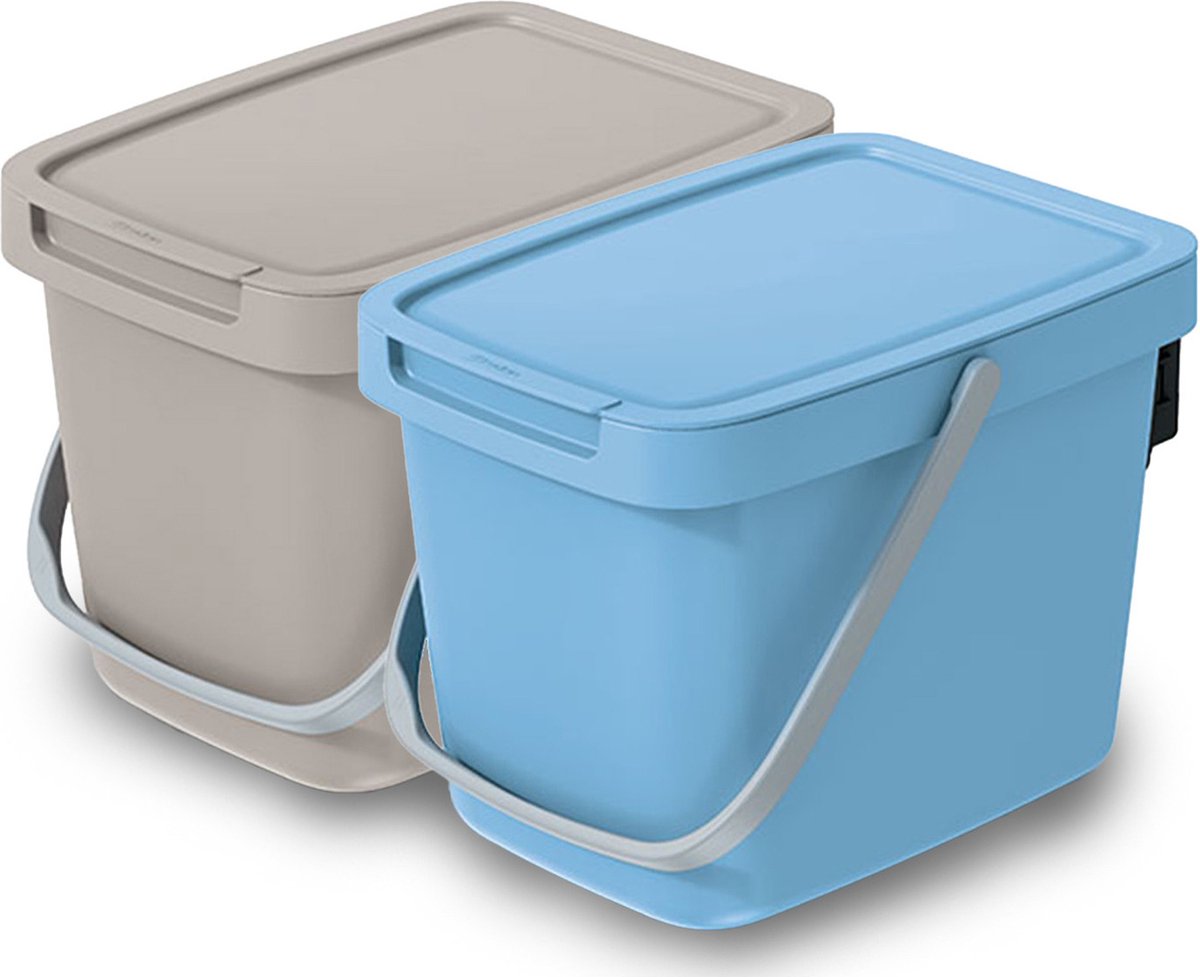 Goedkoopste Keden GFT aanrecht afvalbakjes set - 2x - 6L - beige/lichtblauw - 20 x 26 x 20 cm - klepje/hengsel