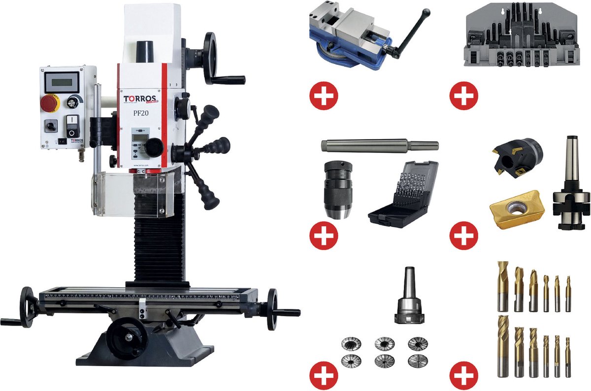 Boorfreesmachine X 280 mm Y 175 mm Z 280 mm MK2/M10 0,85 kW 230V met essentiële accessoires Torros PACK PF20