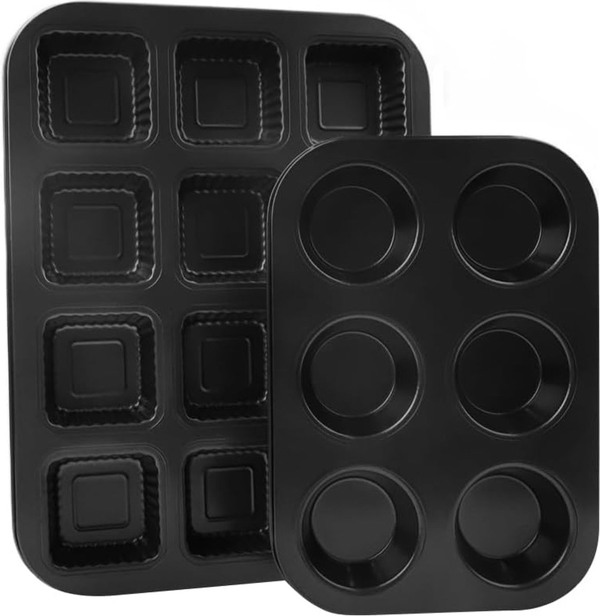 Muffinvorm verpakking van 2 muffinbakvormen (1 x vierkant 1 x rond) muffinvorm van koolstofstaal muffinvorm voor 12 + 6 muffins bakvorm bakplaat met antiaanbaklaag voor cupcake brownie cake pudding