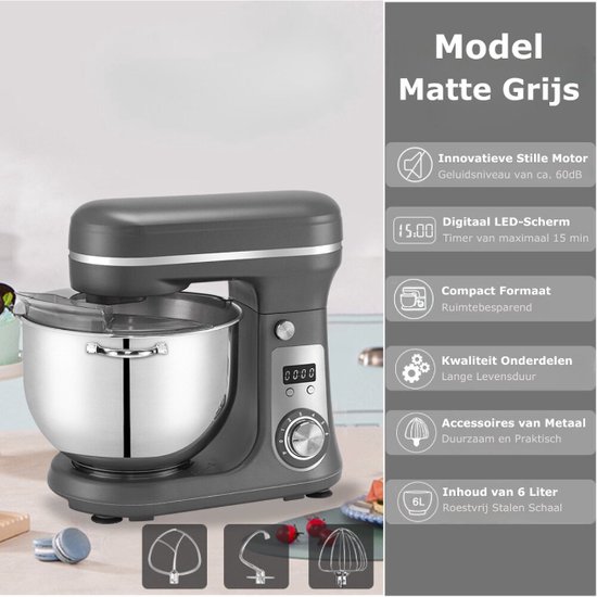 Kibus Deegmachine - Keukenmixer - 6Liter - Kneedmachine Keukenmachine - 4KG RVS - Deegmixer Zwaar Deeg - Grijs - 1200W — afbeelding 2