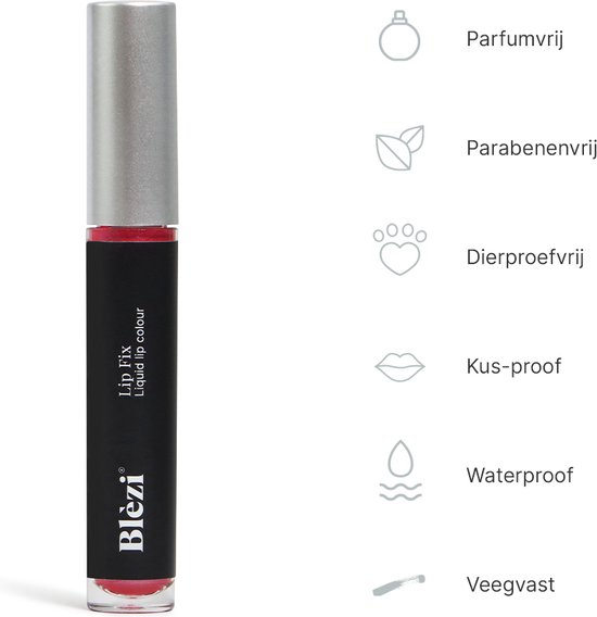 Zwarte verpakking van Blèzi Lip Fix vloeibare lippenstift, met zilverkleurige dop. Iconen tonen 'Parfumvrij', 'Parabenen vrij', 'Dierproefvrij', 'Kus-proof', 'Waterproof', 'Veegvast'.