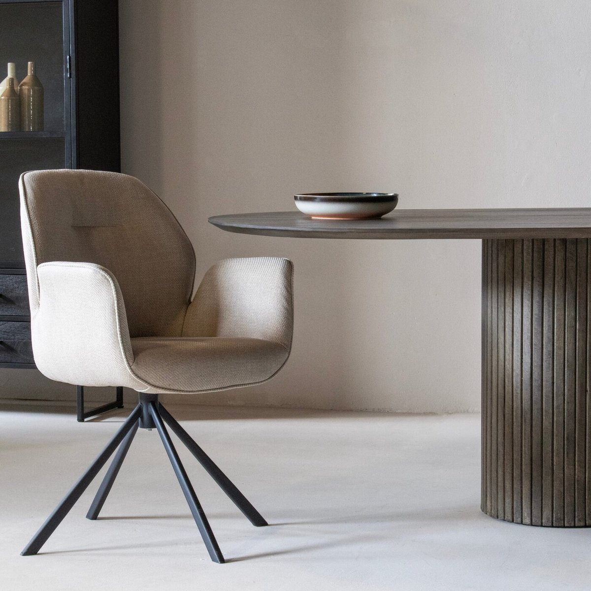 Eetkamerstoel met Armleuning Beige - Textiel - 61x58,5x91cm - Eetkamerstoel Marouan - Giga Living