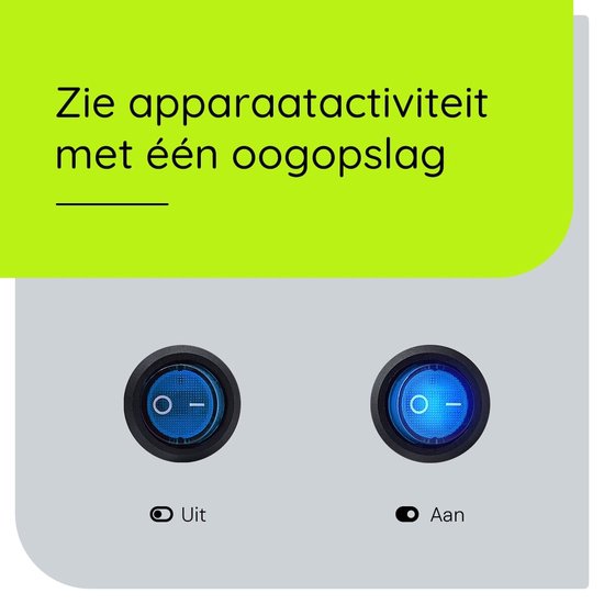Twee blauwe, ronde wipschakelaars. Links "Uit" (O) en rechts "Aan" (I). "Zie apparaatactiviteit met één oogopslag."