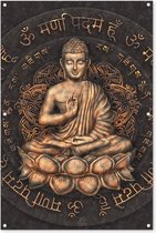 Muurdecoratie buiten Boeddha - Mantra - Meditatie - Spiritueel - Koper - 80x120 cm - Tuindoek - Buitenposter