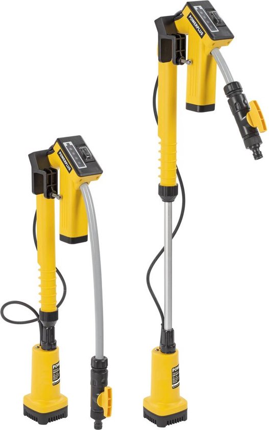 Twee gele Powerplus dompelpompen met zwarte details en een grijze slang. Eén is hoger en heeft een langere zuigbuis.