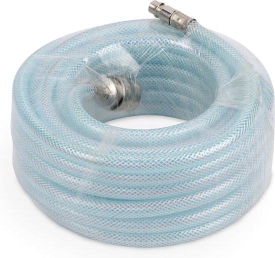 Transparante luchtslang met rode en blauwe spiraallijn, 15 meter lang, met metalen koppelingen.
