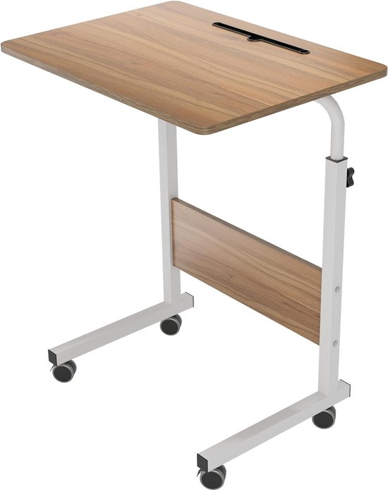 In hoogte verstelbaar laptoptafel, computertafel met tablet-sleuf, 60 x 40 cm, pc-tafel, banktafel, verzorgingstafel, bijzettafel met wieltjes, eiken