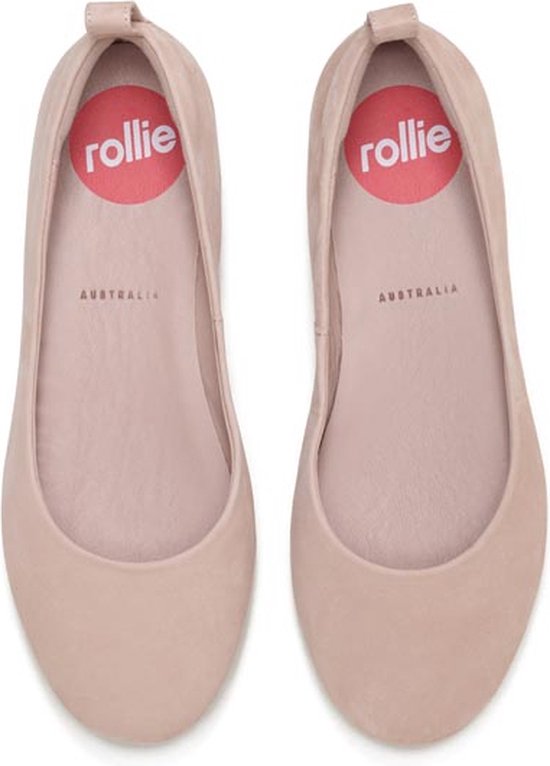 Paire de ballerines roses vue de dessus, avec le logo "rollie AUSTRALIA".