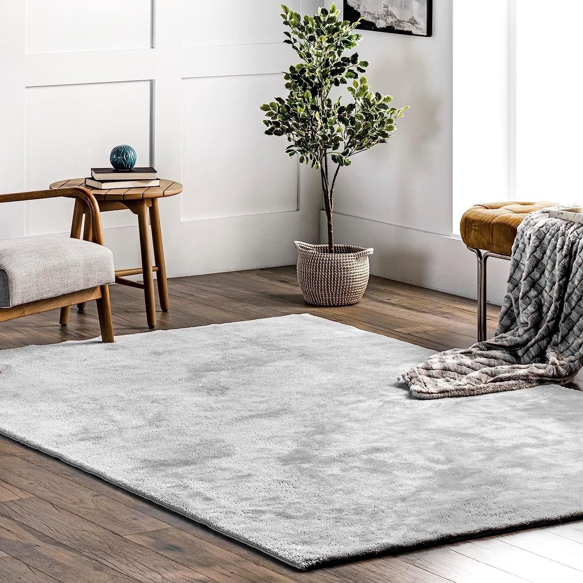 flycarpets Solid Hoogpolig & Wasbaar Effen Vloerkleed - Zilver / Lichtgrijs - 240x340 cm